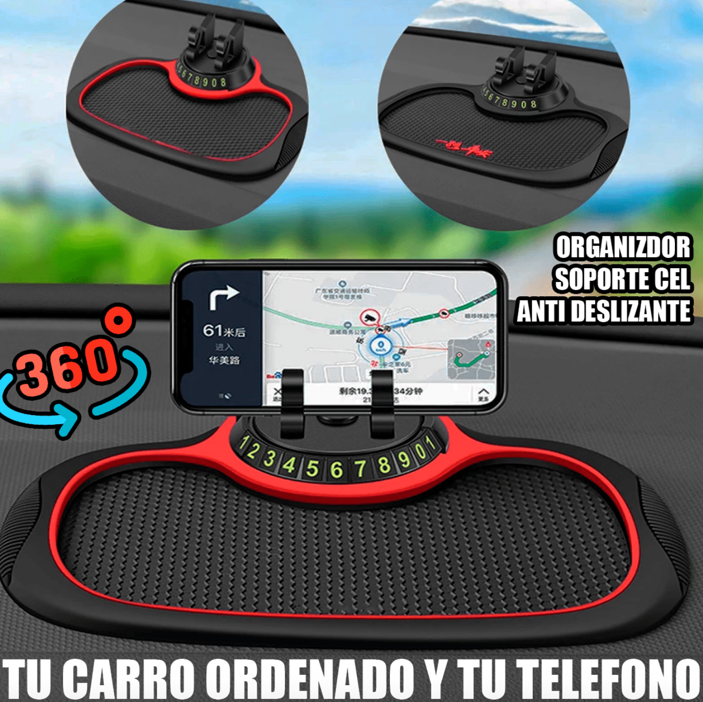 Organizador de Auto 4 en 1 Antideslizante con Soporte para Celular 360°