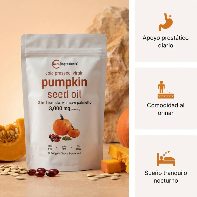 Aceite de semilla de calabaza, Prensado en frío,90 cápsulas blandas Micro Ingredients 100% Original